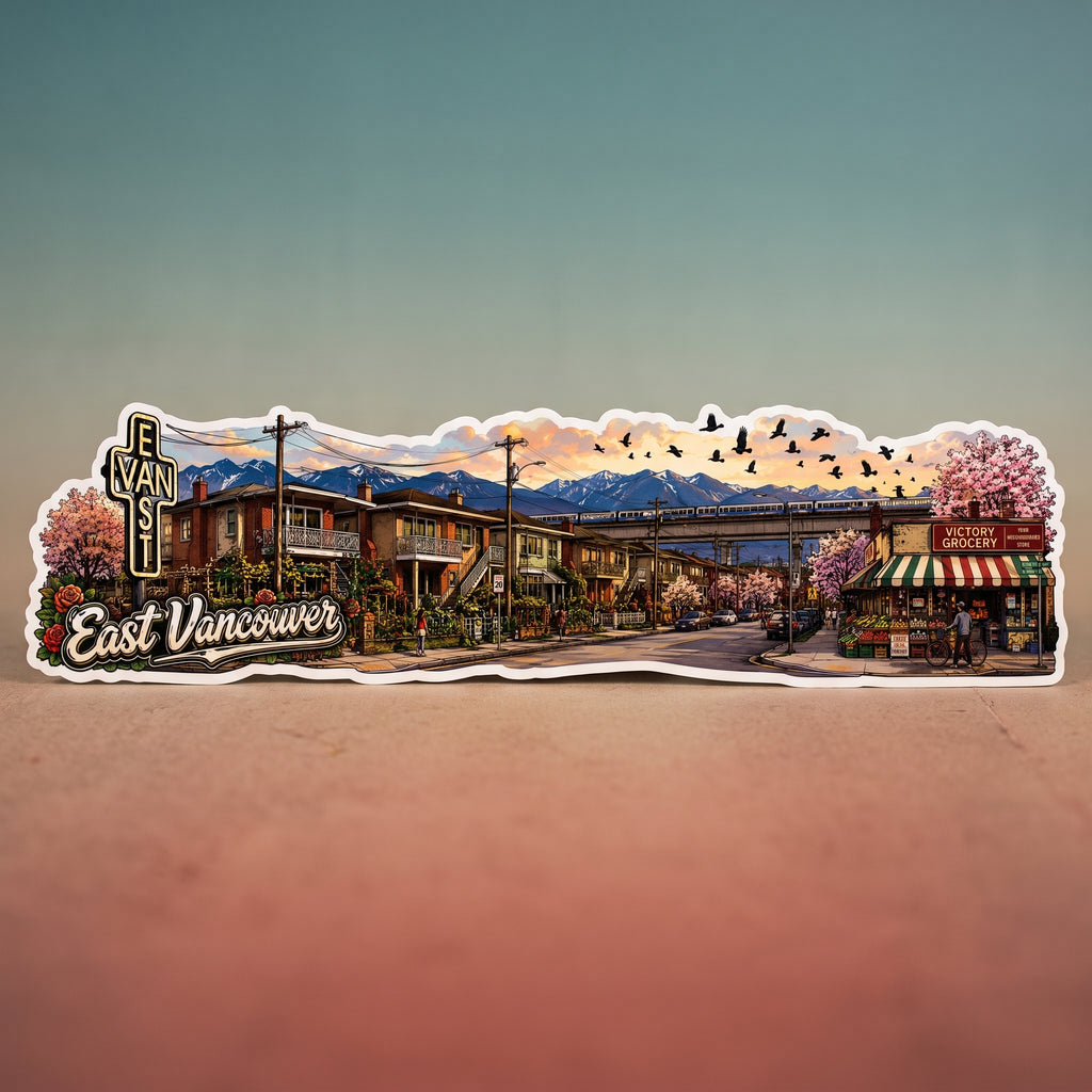 A die-cut sticker featuring a colorful illustrated scene of East Vancouver, with buildings, a train, mountains, cherry blossoms, and a sunset sky, shown standing upright against a gradient background.