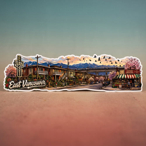 A die-cut sticker featuring a colorful illustrated scene of East Vancouver, with buildings, a train, mountains, cherry blossoms, and a sunset sky, shown standing upright against a gradient background.
